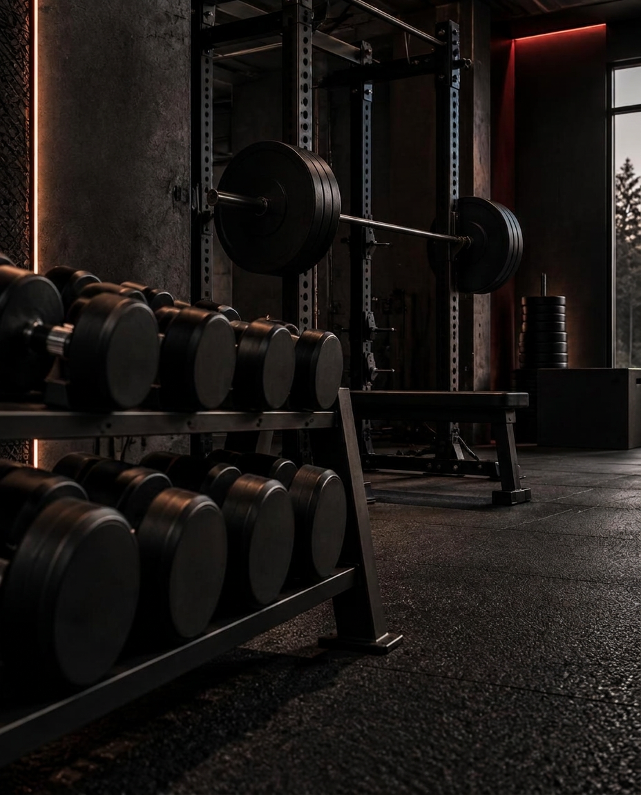 Dumbbell rack and squat rack inside a dark, high-end private training studio